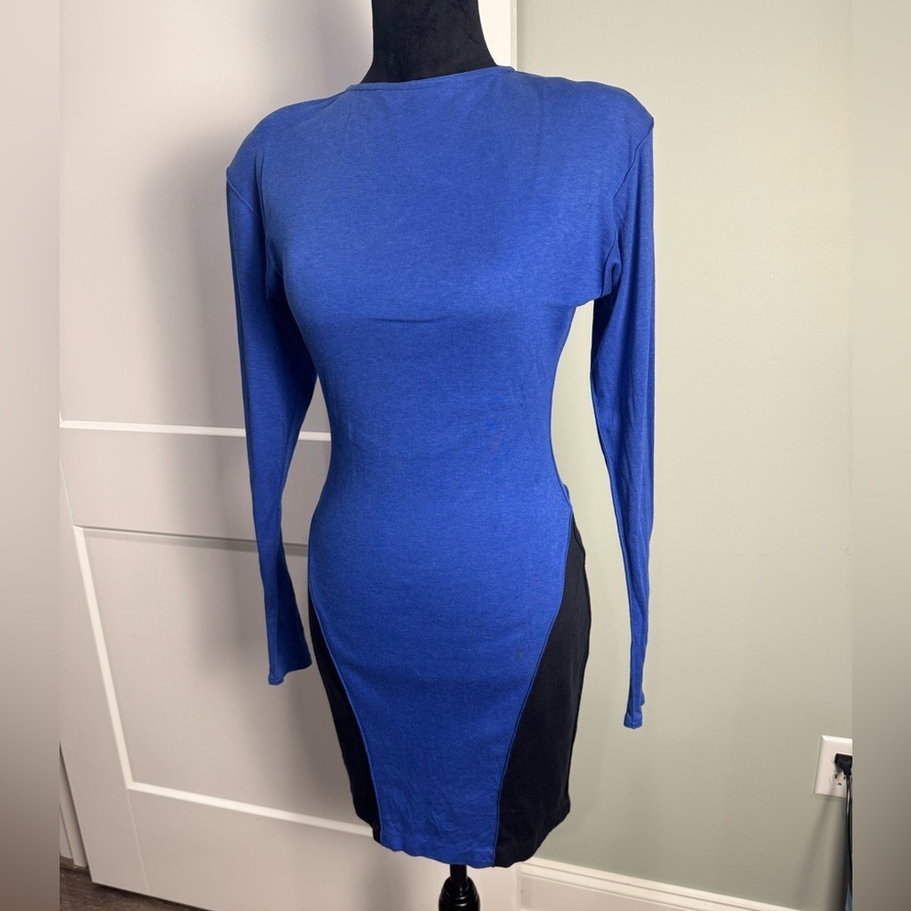 Emanuel Ungaro vintage Blue Black Open-Back Dress Heart Cutout Long Sleeve